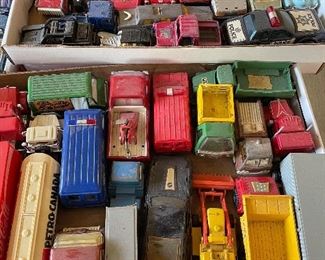 Toy cars and trucks.