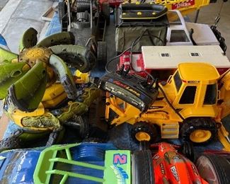 Toy cars and trucks.