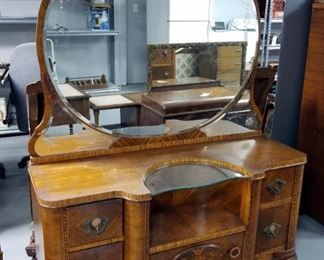 Antique 5 Drawer Vanity With Beveled Leaded Glass Mirror, 69" X 53.5" X 20"