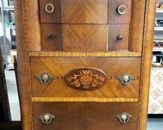 Antique 5 Drawer Gentleman's Dresser With Beveled Leaded Glass Mirror, 66.5" X 38" X 19"