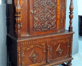 Jacobean Style Solid Wood 3 Door China Cabinet, 62.5" X 44" X 17.5"