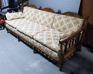 Vintage Upholstered Arm Chair With Turned Wood Accents, 32" X 28" X 32"