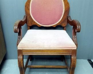 Antique Victorian King Louis Arm Chair With Upholstered Seat And Back, 35.5" X 21" X 18"