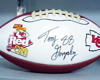 Kansas City Chiefs Football With Printed Tony Gonzalez 88, And Wilson Pro Football Hall Of Fame Football, Signed By Marcus Allen