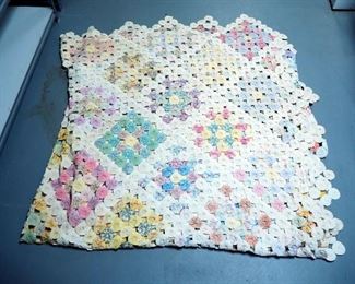 Vintage Yo Yo Quilt Top With Diamond Patterns, 103" x 97"
