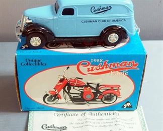 Ertl Die Cast Cushman Panel Van Bank With Certificate Of Authenticity Serial# 0736 And Cushman 1958 Eagle Box