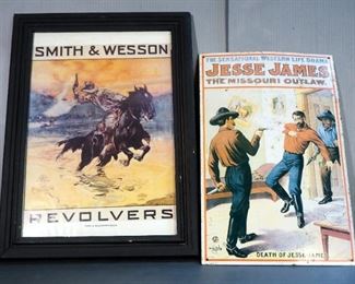 Framed Under Glass Smith And Wesson Revolver Poster, 18.5" x 13.5", And Jesse James Metal Sign, 16.5" x 10.5"