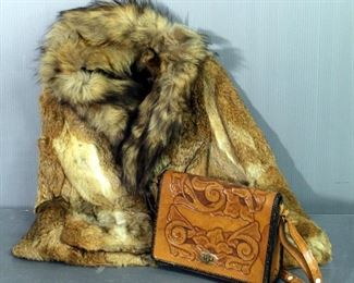 Ladies Fur Coat, Unknown Animal And Size, And Leather Etched Handbag