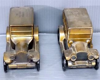 First State Savings Assn Car Banks, Qty 4, National Safe Bank, Cast Iron A. C. Williams 6 Turret Tower Skyscraper Bank, & Glass Barrel Bank