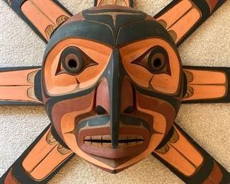 John Livingston 
Master Wood Carver 
Pacific Northwest Coast 
Sun Mask 
Kwakwaka'wakw style 
Polychrome carved wooden mask with 7 detachable arms 
Face 13"x13"
Arms 21" 
50" Assembled 