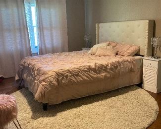 Queen size bed frame $100
Queen size mattress $40
2 night stands $20/each
2 crystal night lamps $10/each
Large off-white Round rug $40
Sun blocker keratins and keratins hanger $20