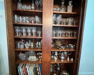 English Silverplate, Cut glass, bar decanters, Waterford crystal, cookbooks