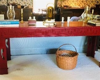 This lovely Asian American table was designed by Mrs. Friedman and made by the local talented craftsman, the late T. Jeff Veal of Goat Town.   If you come to the sale, please read the witty letter to T. Jeff Veal from Mr. Friedman that has been placed on the table.
Also, notice the split white oak basket under the table made by another local craftsman, basket maker, BBQ pit master and barber, the late Rawlings Brown.