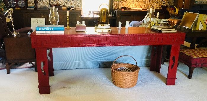 This lovely Asian American table was designed by Mrs. Friedman and made by the local talented craftsman, the late T. Jeff Veal of Goat Town. If you come to the sale, please read the witty letter to T. Jeff Veal from Mr. Friedman that has been placed on the table.
Also, notice the split white oak basket under the table made by another local craftsman, basket maker, BBQ pit master and barber, the late Rawlings Brown.