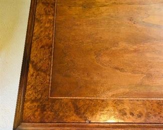 Mahogany dining table with contrasting border and narrow herringbone inlay - with cabriole legs(slightly carved knee) with pad foot /4 leaves(each one foot) / with leaves the table measure 9 feet x 42 inches wide/ without leaves 5 feet x42 wide.