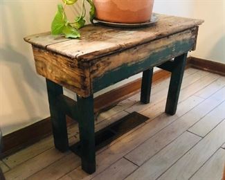 Primitive bench with beautiful green worn paint