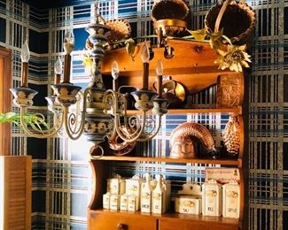 Pine hanging shelf with top pediment and 3 shelves between scrolled ends with 2 horizontal drawers at base. 3 ft 2 in x 3 ft 8 in high