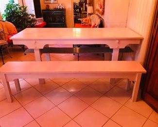 Table with 2 benches hand made by T. Jeff Veal of Goat Town
Table 26 in x 5 ft 11.5 in 
Benches 1 foot x 5 ft 11.5 in     Pic doesn’t show the true color.  It is all white 
