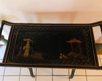 Oriental hand painted double handled double tiered console table