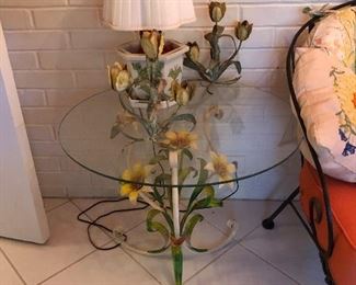 Wrought iron day lily glass top round side table