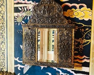 Antique European Dutch Baroque Ornate Wooden brass Beveled Wall beveled Mirror /Italian Rococo Mirrored Brass with clothes brush inside