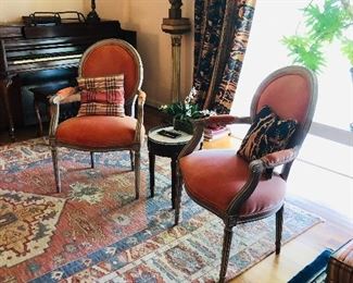 A pair of gilt frame fauteuil in Louis XVI style with upholstered back , seat and elbow pads