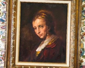 Portrait in Italian wood carved frame painting of 
Johannes Vermeer’s painting “Girl with a Pearl Earring” 