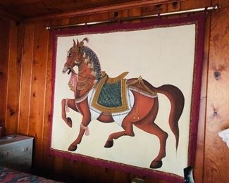 This painting on fabric of a horse in celebratory regalia was purchased from Hamilton Hall in Columbus, Mississippi.  Hamilton Hall was built in 1840 and additions were added in 1860.