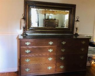 Double dresser walnut made by Beverly Hall/Atlanta /4 drawers on each side/ with straight bracket feet and butterfly brasses/ glass top
