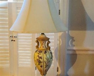 Pair decorated pottery urn shaped vases with silk shades.  29 in tall