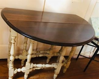 Gate leg drop leaf round table /walnut top/painted legs/ 34 inches diameter
