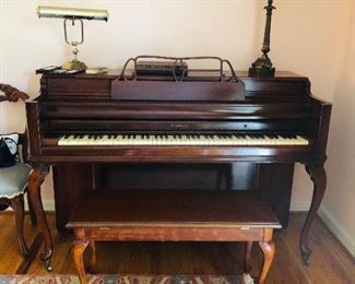 Kimball spinet piano and bench/mahogany case:Louis XV style
