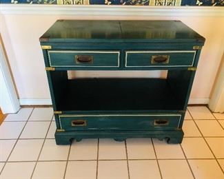 Server. Painted double hinged top having 2 drawers below top and single lower drawer forming shelf/on wheels/ recessed brass pulls/ 36x18x32 high