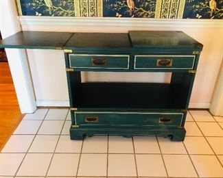 Server. Painted double hinged top having 2 drawers below top and single lower drawer forming shelf/on wheels/ recessed brass pulls/ 36x18x32 high