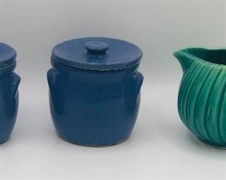 2 small butter crocks and pitcher