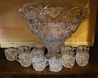 Early 1900’s Punch Bowl Set, Imperial Whirling Star design /seperate base, glass ladle, 12 punch cups