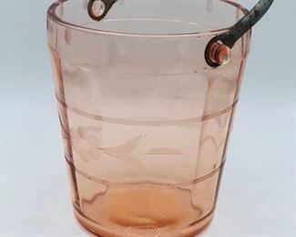 Depression Glass PINK Optic Ice Bucket acid etched Flower design 6" Metal detachable handle barware