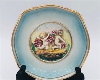 Capodimonte Italy 3D Relief Hand Painted Cherub Trinket or Ring Dish