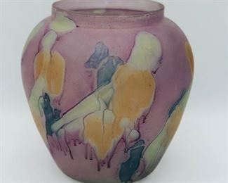 Vintage Hand Blown Jerusalem Art Glass Hand Painted Frosted Drip Glaze Large Flower Vase