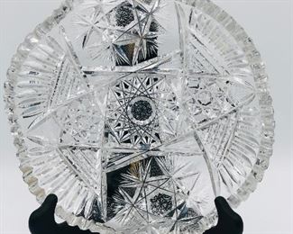 Antique American Brilliant CHIP Sawtooth Candy Dish, ABP Stars Cut Glass, Hobstar Low Bowl