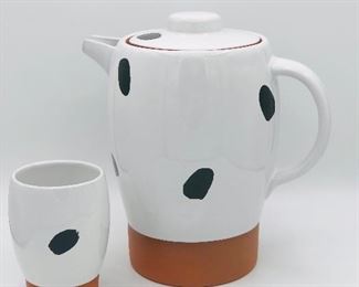 Pottery coffee pot with cups 
8 pieces