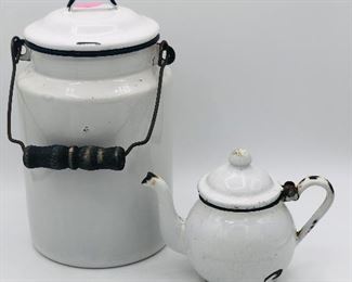 Enamelware milk pail and mini lidded kettle