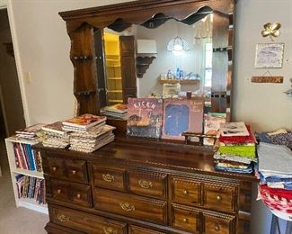Dresser with large mirror- various magazines on quilting & sewing, records, & fabric 