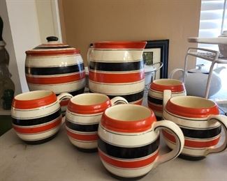 Vintage Czech Erphila Black and Orange Stripe Pottery Pitcher and Mug Set