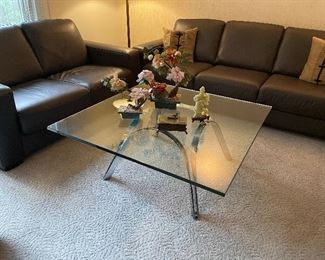 Designer Leather furniture:  3-cushion couch and loveseat; square glass and chrome cocktail table with 1/2 inch glass; Jade figurine - circa 1930s; Marble box and Jade "bonsai" sculptures