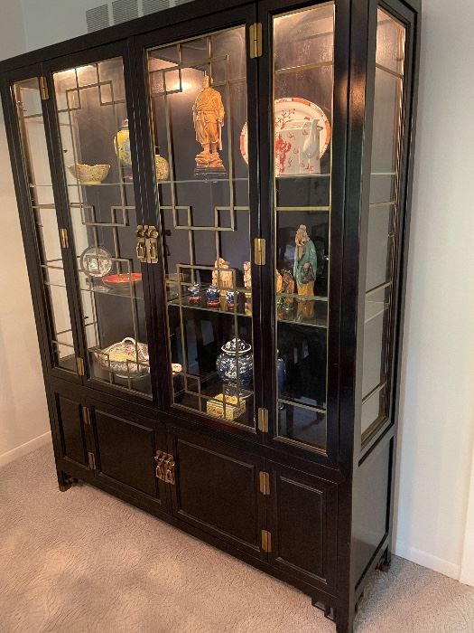 China hutch with lower cabinet - Asian inspired - lighted with glass shelves by Century