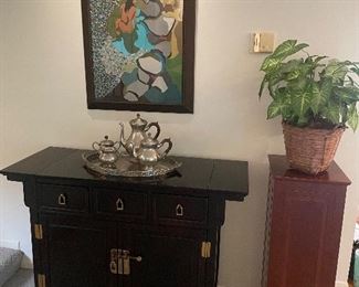 Sideboard Bar Cart with top extensions on casters by Century; Stainless tea/coffee set; original artwork and more!