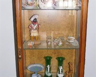 Curio Cabinet with Swarovski, Hull Pottery, Mary Gregory,  Kachina, Cups and saucers