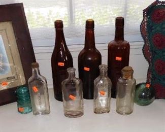 Antique bottles and Blenko double spout pitcher