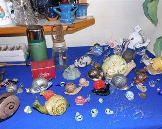 Snail figure collection, jar churn, vintage thermos